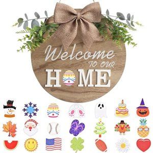 Interchangeable Welcome Home Sign, Seasonal Decor w/ 21 Changeable Icons  (12in)
